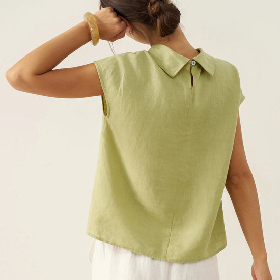 100% Linen Cap Sleeve Soft-Fold Collar Top YVONNE