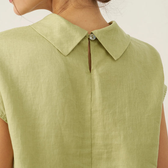 100% Linen Cap Sleeve Soft-Fold Collar Top YVONNE