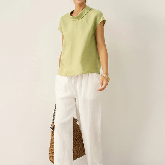 100% Linen Cap Sleeve Soft-Fold Collar Top YVONNE