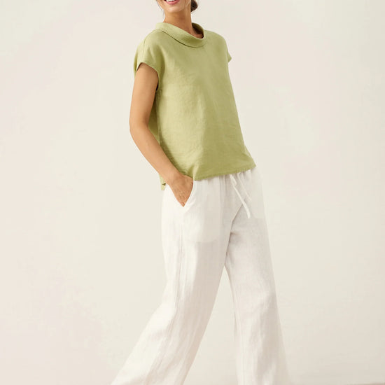 100% Linen Cap Sleeve Soft-Fold Collar Top YVONNE