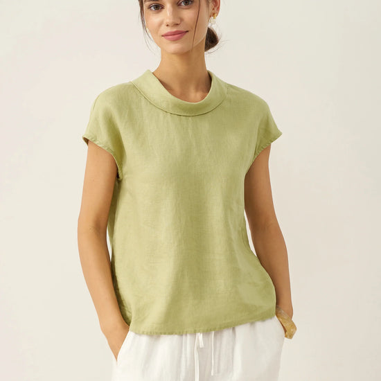 100% Linen Cap Sleeve Soft-Fold Collar Top YVONNE