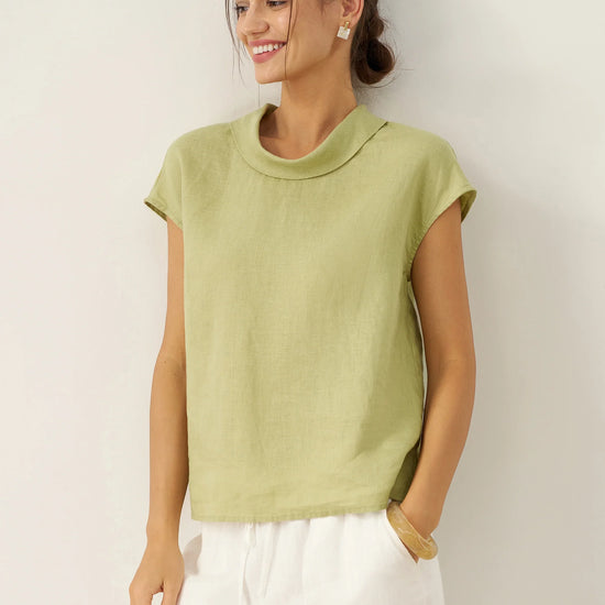 100% Linen Cap Sleeve Soft-Fold Collar Top YVONNE