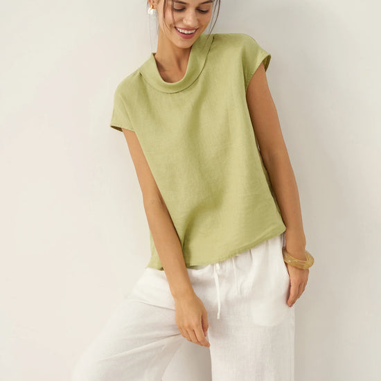 100% Linen Cap Sleeve Soft-Fold Collar Top YVONNE
