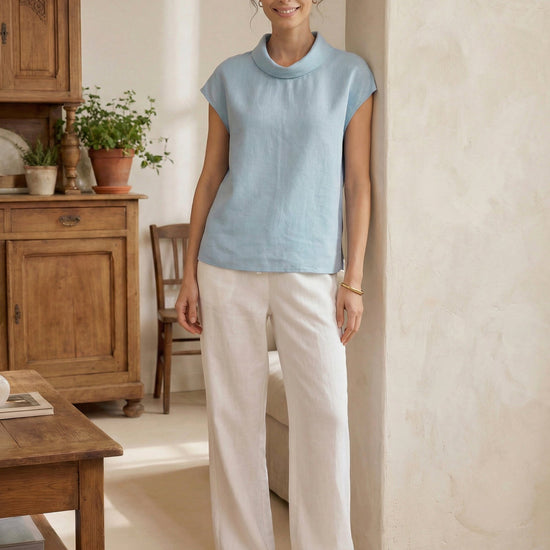 100% Linen Cap Sleeve Soft-Fold Collar Top YVONNE