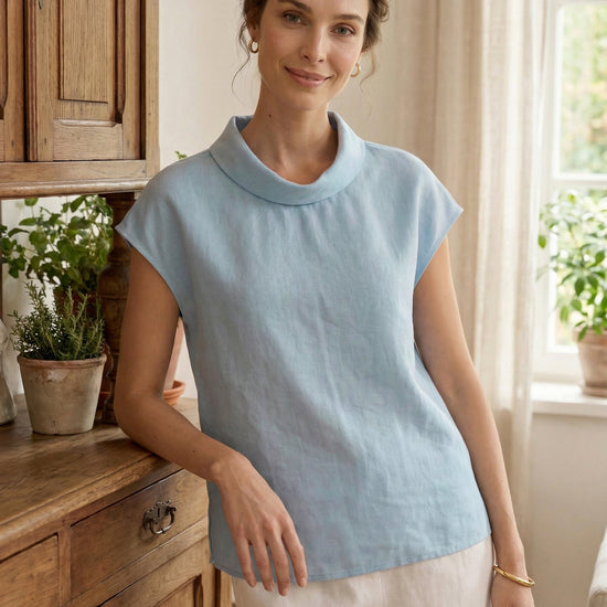 100% Linen Cap Sleeve Soft-Fold Collar Top YVONNE