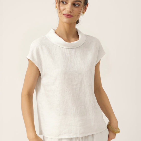 100% Linen Cap Sleeve Soft-Fold Collar Top YVONNE