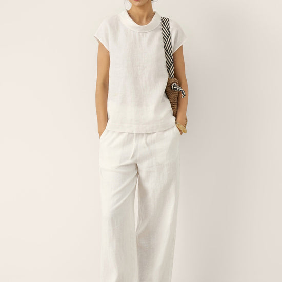100% Linen Cap Sleeve Soft-Fold Collar Top YVONNE