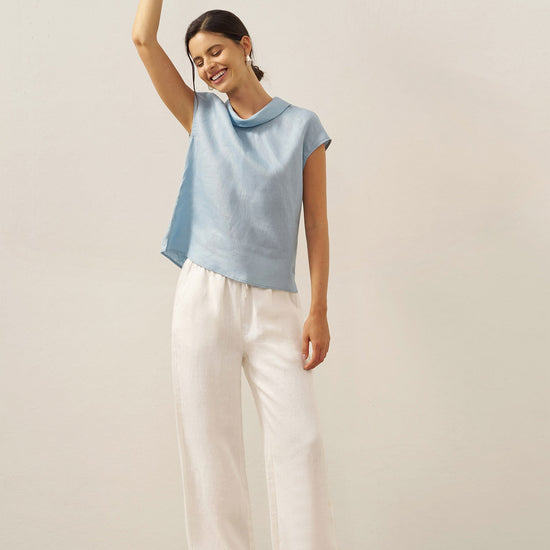 100% Linen Cap Sleeve Soft-Fold Collar Top YVONNE