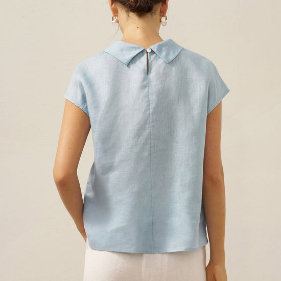 100% Linen Cap Sleeve Soft-Fold Collar Top YVONNE