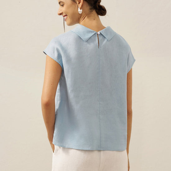 100% Linen Cap Sleeve Soft-Fold Collar Top YVONNE