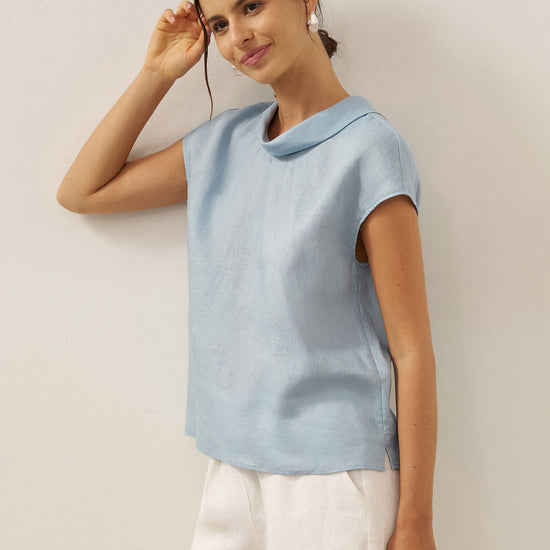 100% Linen Cap Sleeve Soft-Fold Collar Top YVONNE