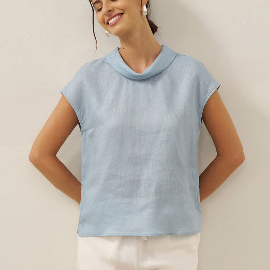 100% Linen Cap Sleeve Soft-Fold Collar Top YVONNE