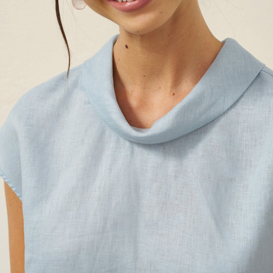 100% Linen Cap Sleeve Soft-Fold Collar Top YVONNE