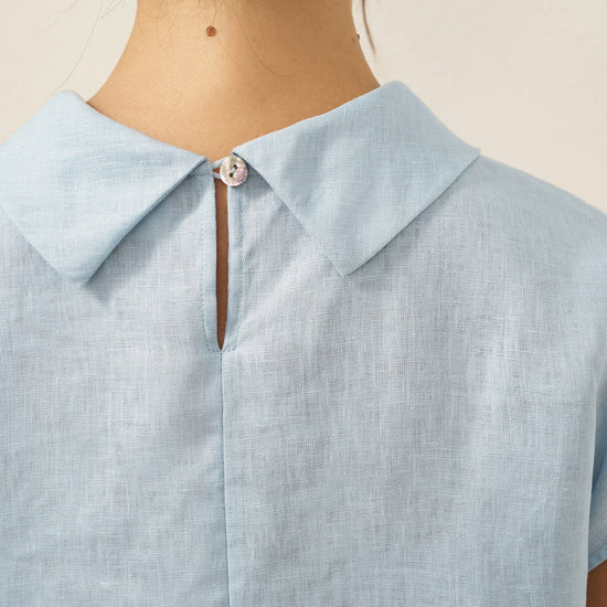 100% Linen Cap Sleeve Soft-Fold Collar Top YVONNE