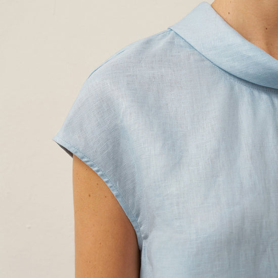 100% Linen Cap Sleeve Soft-Fold Collar Top YVONNE