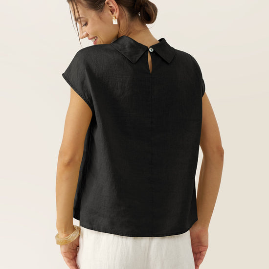 100% Linen Cap Sleeve Soft-Fold Collar Top YVONNE