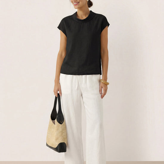 100% Linen Cap Sleeve Soft-Fold Collar Top YVONNE