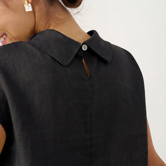 100% Linen Cap Sleeve Soft-Fold Collar Top YVONNE
